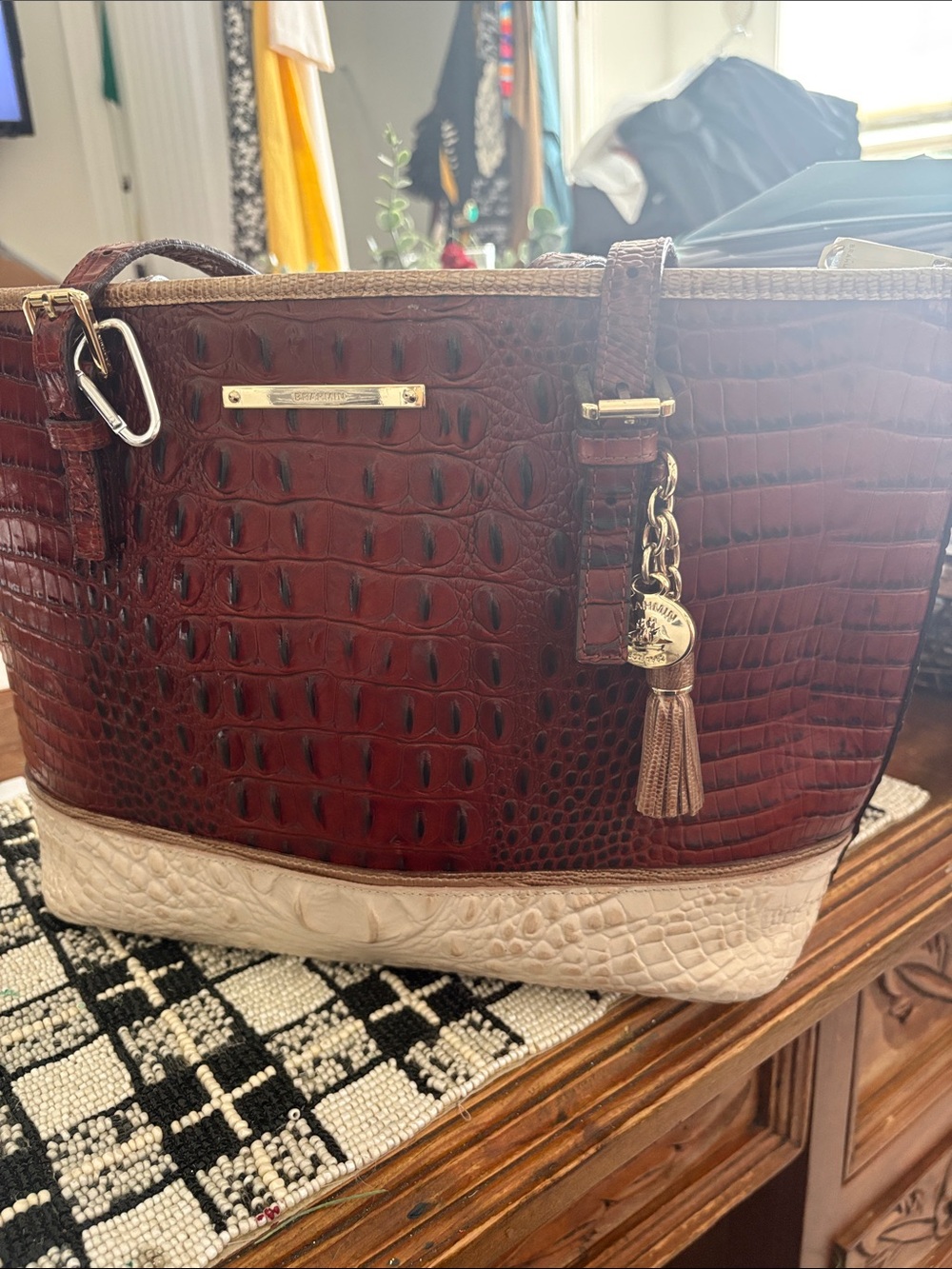 Brahmin Croc-Embossed Two-Tone Tote Bag in Brown and